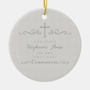 Kommunions-verziertes Kreuz im Taupe-Blumenmuster Keramik Ornament