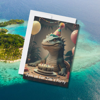 Komodo Dragon sitzt am Tisch mit Geburtstagskuchen Einladung