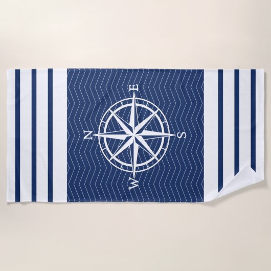 Kompass auf Blau mit weißen Streifen Strandtuch (Vorderseite)