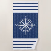 Kompass auf Blau mit weißen Streifen Strandtuch (Vorderseite)