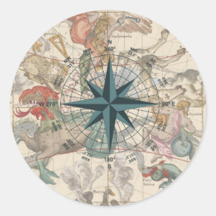 Kompass auf einer alten Karte Runder Aufkleber
