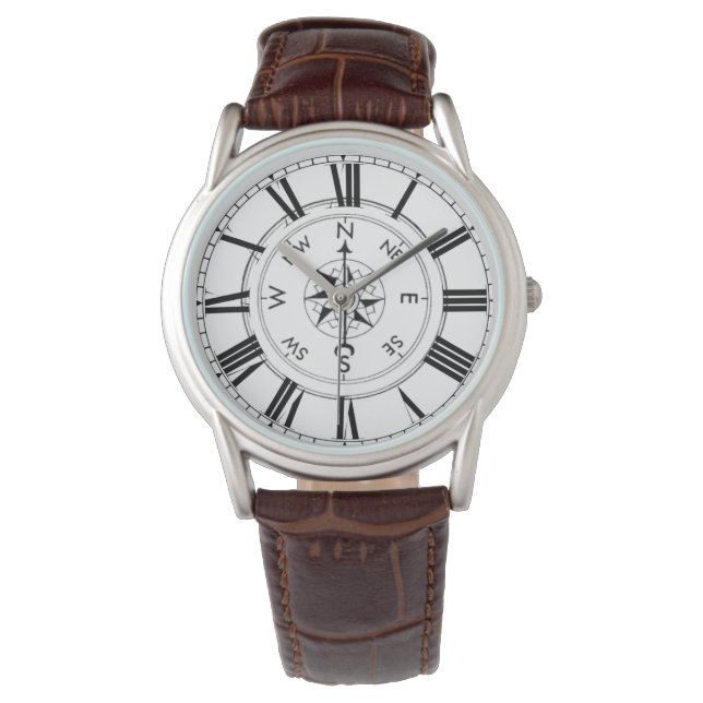 Kompass, nautisches Thema Brown Leather Watch Armbanduhr (Vorderseite)