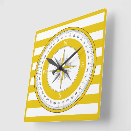 Kompass Rose Gelb und Weiß Streifen Quadratische Wanduhr (Winkel)