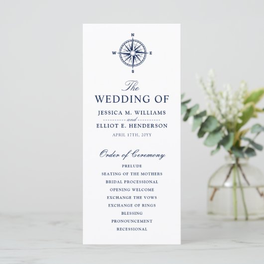 Kompass-Rose | Nautical Wedding Program Programm (Stehend Vorderseite)