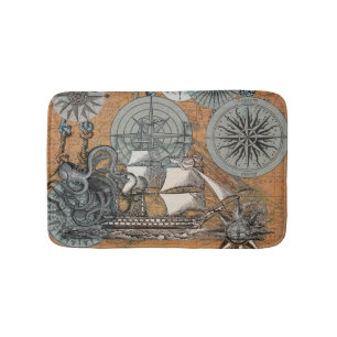 Kompass-Rose Vintages Nautical Octopus-Schiff Badematte