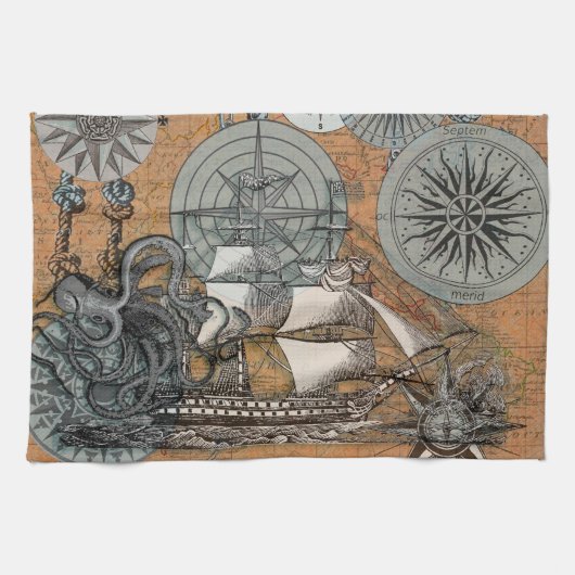 Kompass-Rose Vintages Nautical Octopus-Schiff Handtuch (Horizontal)