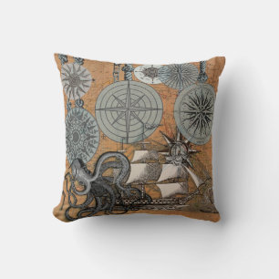 Kompass-Rose Vintages Nautical Octopus-Schiff Kissen