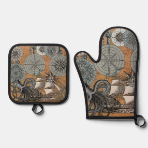 Kompass-Rose Vintages Nautical Octopus-Schiff Ofenhandschuh & Topflappen-Set