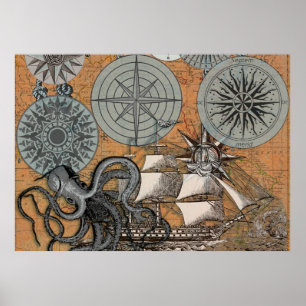 Kompass-Rose Vintages Nautical Octopus-Schiff Poster