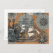 Kompass-Rose Vintages Nautical Octopus-Schiff Postkarte (Vorne/Hinten)