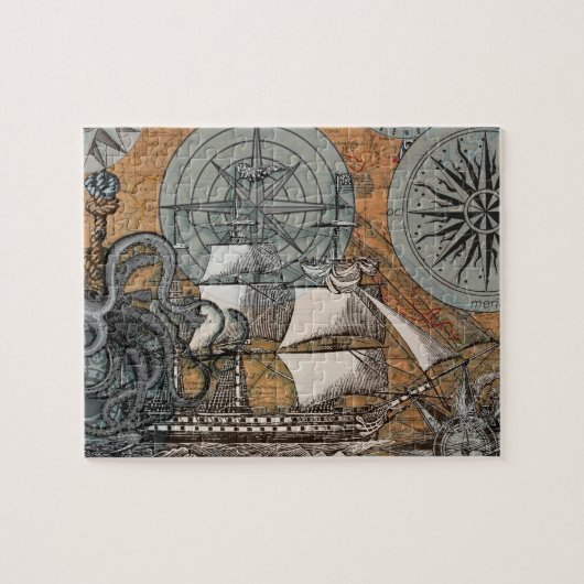 Kompass-Rose Vintages Nautical Octopus-Schiff Puzzle (Horizontal)