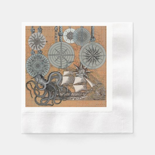 Kompass-Rose Vintages Nautical Octopus-Schiff Serviette (Vorderseite)