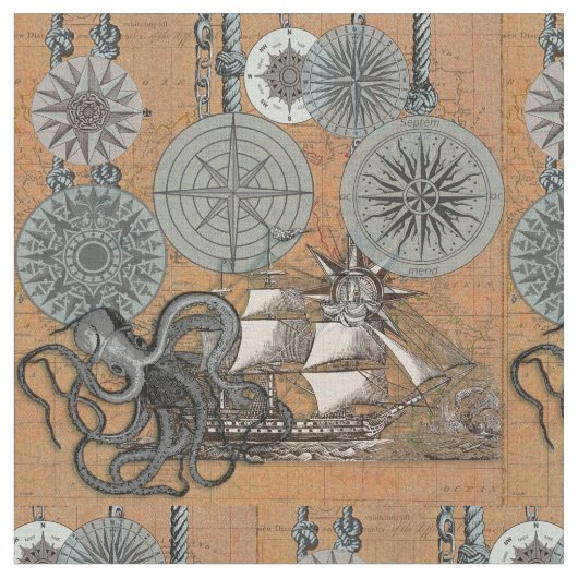 Kompass-Rose Vintages Nautical Octopus-Schiff Stoff (Nahaufnahme)