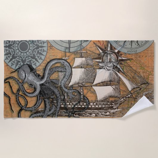 Kompass-Rose Vintages Nautical Octopus-Schiff Strandtuch (Vorderseite)