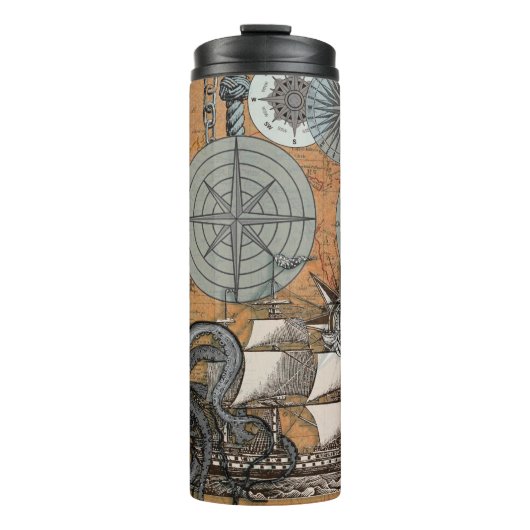 Kompass-Rose Vintages Nautical Octopus-Schiff Thermosbecher (Vorderseite)