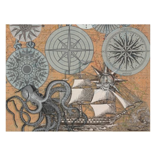 Kompass-Rose Vintages Nautical Octopus-Schiff Tischdecke (Vorderseite (Horizontal))