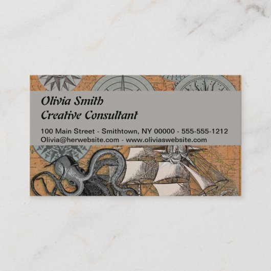 Kompass-Rose Vintages Nautical Octopus-Schiff Visitenkarte (Vorderseite)