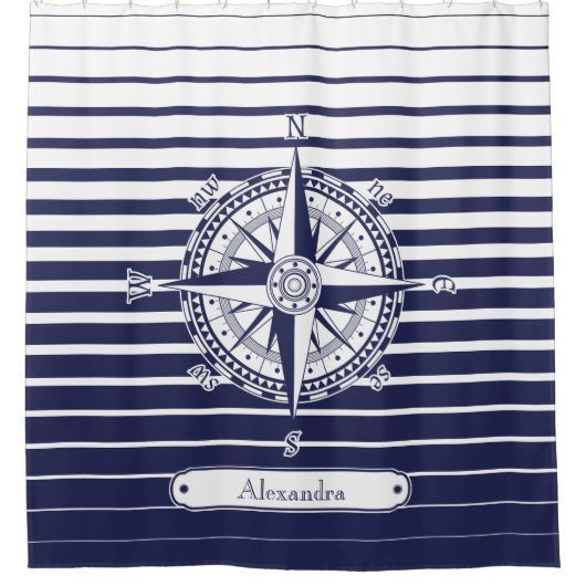 Kompass-Rosen-blaue Streifen-Badezimmer Duschvorhang (Vorderseite)