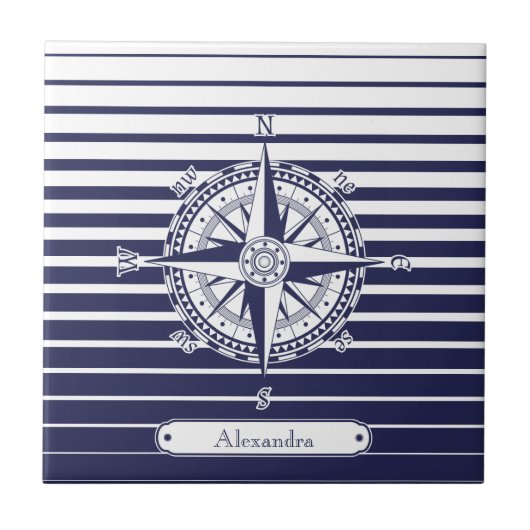 Kompass-Rosen-blaue Streifen Fliese (Vorderseite)