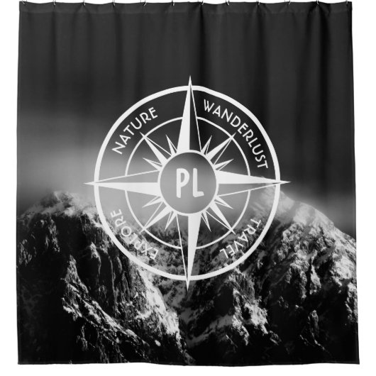 Kompass-Sternemblem monogramm dramatische Berge Duschvorhang (Vorderseite)