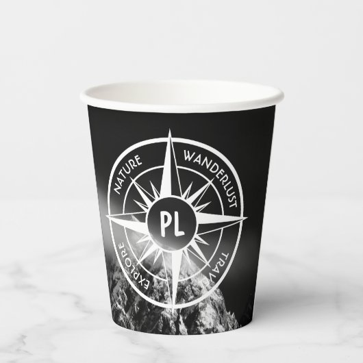 Kompass-Sternemblem monogramm dramatische Berge Pappbecher (Rückseite)