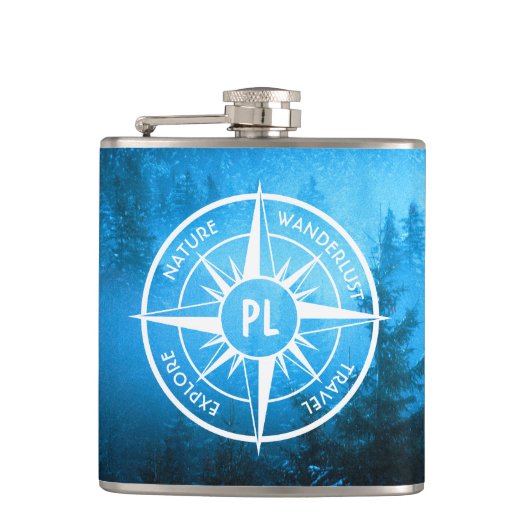 Kompass-Sternemblem Monogramm Nebel in Fichtenwald Flachmann (Vorderseite)