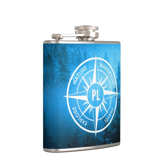 Kompass-Sternemblem Monogramm Nebel in Fichtenwald Flachmann (Rechts)