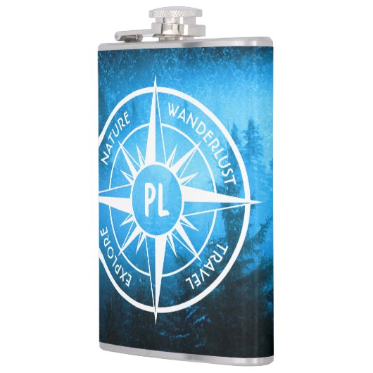 Kompass-Sternemblem Monogramm Nebel in Fichtenwald Flachmann (Links)