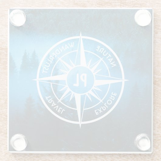 Kompass-Sternemblem Monogramm Nebel in Fichtenwald Glasuntersetzer (Rückseite)