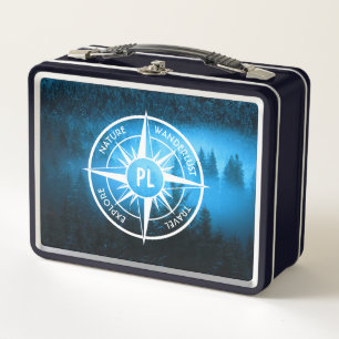 Kompass-Sternemblem Monogramm Nebel in Fichtenwald Metall Brotdose