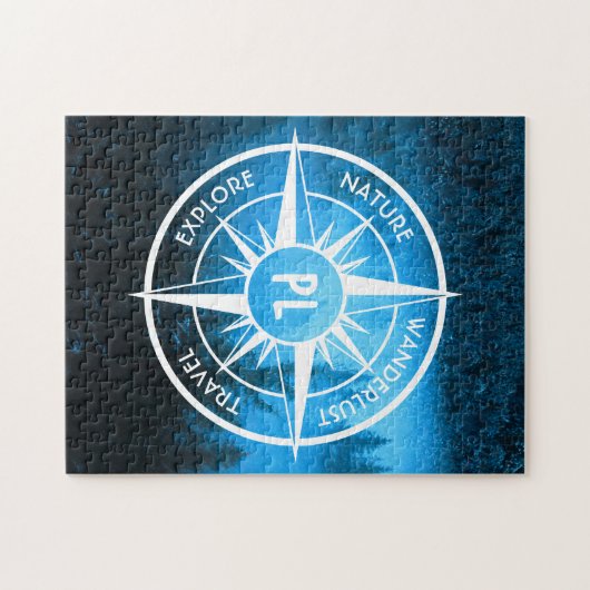 Kompass-Sternemblem Monogramm Nebel in Fichtenwald Puzzle (Horizontal)