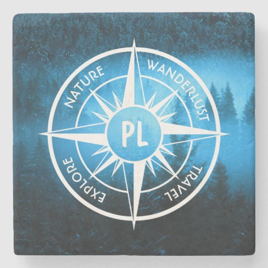 Kompass-Sternemblem Monogramm Nebel in Fichtenwald Steinuntersetzer (Vorderseite)