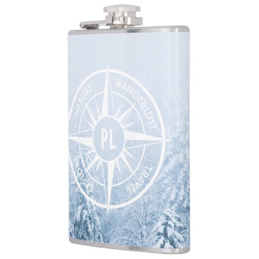 Kompass-Sternemblem monogramm Winterfichtenwald Flachmann (Links)