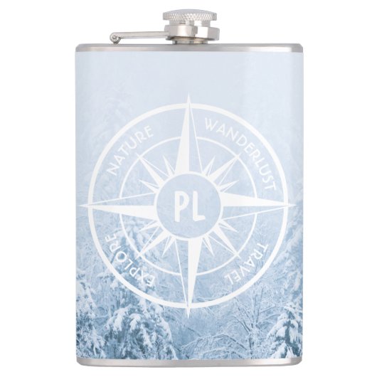 Kompass-Sternemblem monogramm Winterfichtenwald Flachmann (Vorderseite)