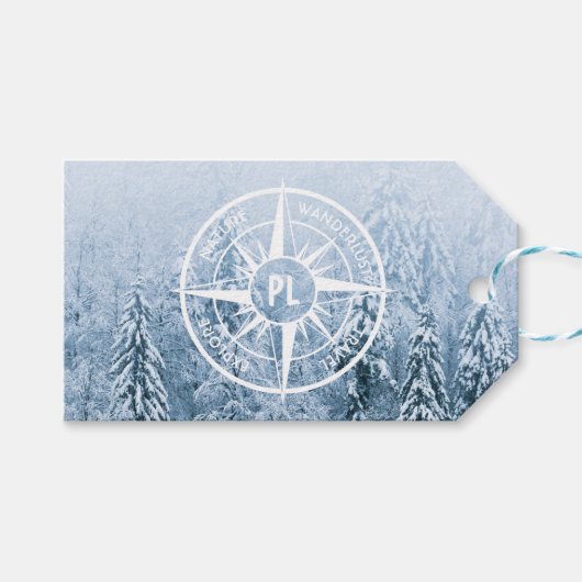 Kompass-Sternemblem monogramm Winterfichtenwald Geschenkanhänger (Vorderseite (Horizontal))