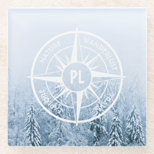 Kompass-Sternemblem monogramm Winterfichtenwald Glasuntersetzer (Vorderseite)