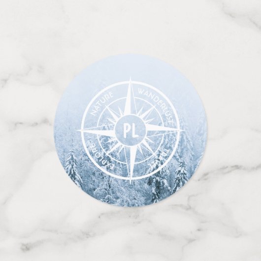 Kompass-Sternemblem monogramm Winterfichtenwald Konfetti (Klein Vorderseite)