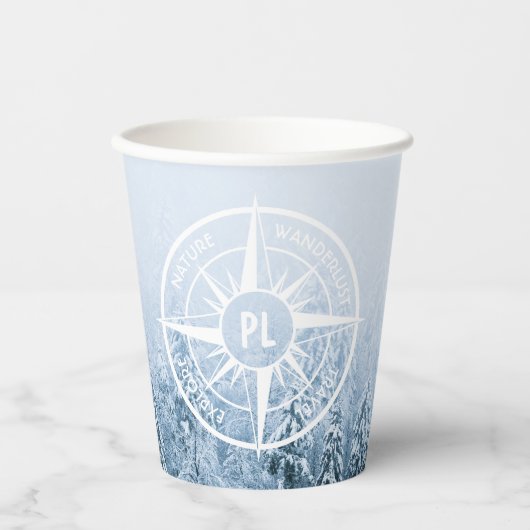 Kompass-Sternemblem monogramm Winterfichtenwald Pappbecher (Vorderseite)