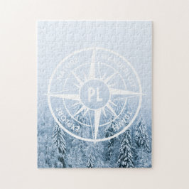 Kompass-Sternemblem monogramm Winterfichtenwald Puzzle