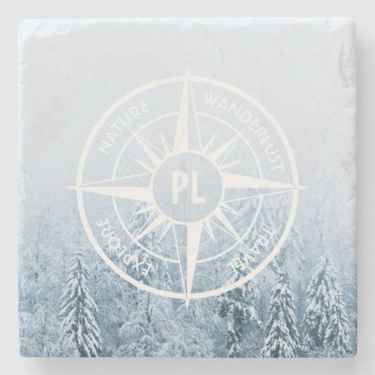 Kompass-Sternemblem monogramm Winterfichtenwald Steinuntersetzer (Vorderseite)