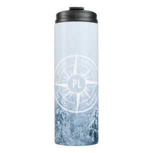 Kompass-Sternemblem monogramm Winterfichtenwald Thermosbecher