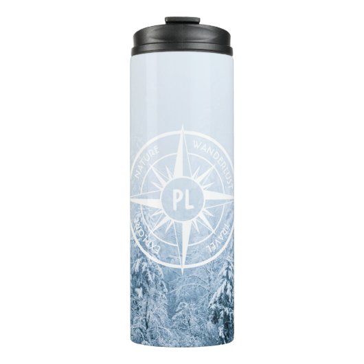 Kompass-Sternemblem monogramm Winterfichtenwald Thermosbecher (Vorderseite)