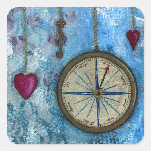 Kompass- und Herzsticker Quadratischer Aufkleber (Vorderseite)