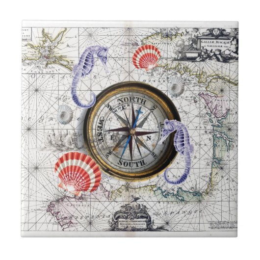 Kompass Vintage Nautical Fliese (Vorderseite)