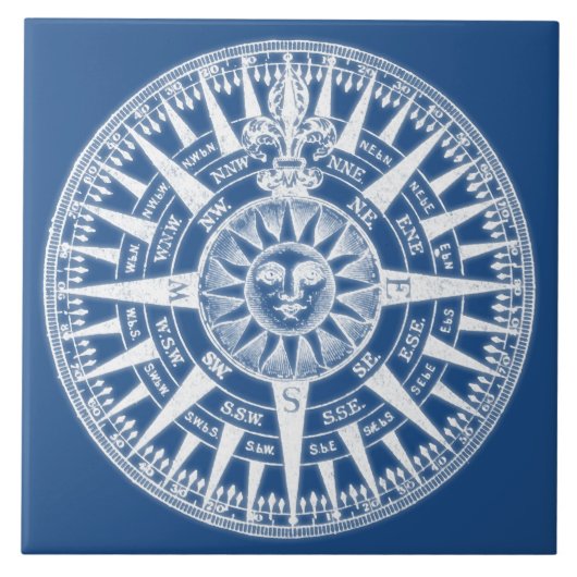 Kompass Windrose Blau Weiß Fliese (Vorderseite)
