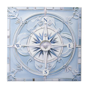 Kompassrose Art Nouveau Faux-Relief Blau Nautisch Fliese