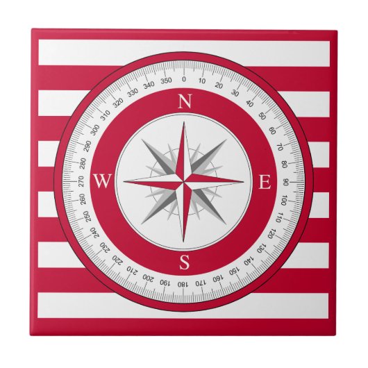 Kompassrose Rot-Weiß-Gestreift Fliese (Vorderseite)