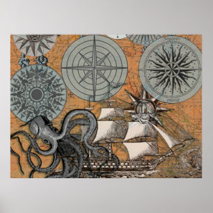 Kompassrose Vintage-Nautik-Oktopus-Schiff Poster