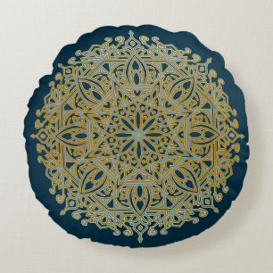 Komplexe Blau-u. GoldMandala Rundes Kissen