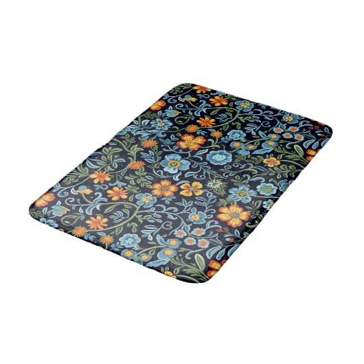 Komplexe Blumenkunst: Blaue und orangefarbene Blum Badematte (Schrägansicht)